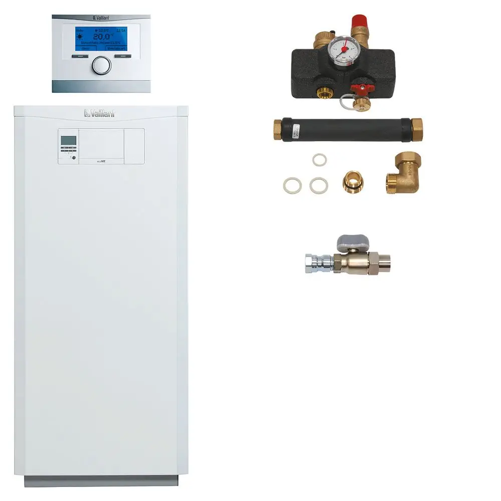 Vaillant-Heizkessel in weiß mit zugehörigem Zubehör, darunter Druckregler, Rohre, Fittings und ein Raumthermostat zur Steuerung der Heizungsanlage.
